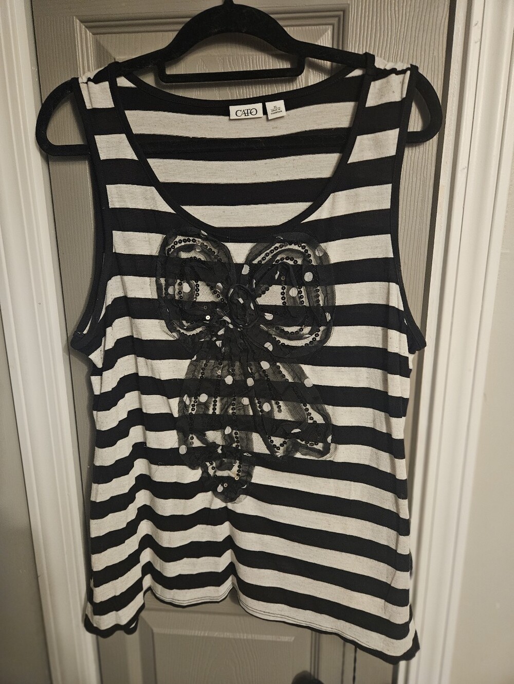 BRAND NEW ** Black and White Striped Tank with Sequin Bow Appliqué
